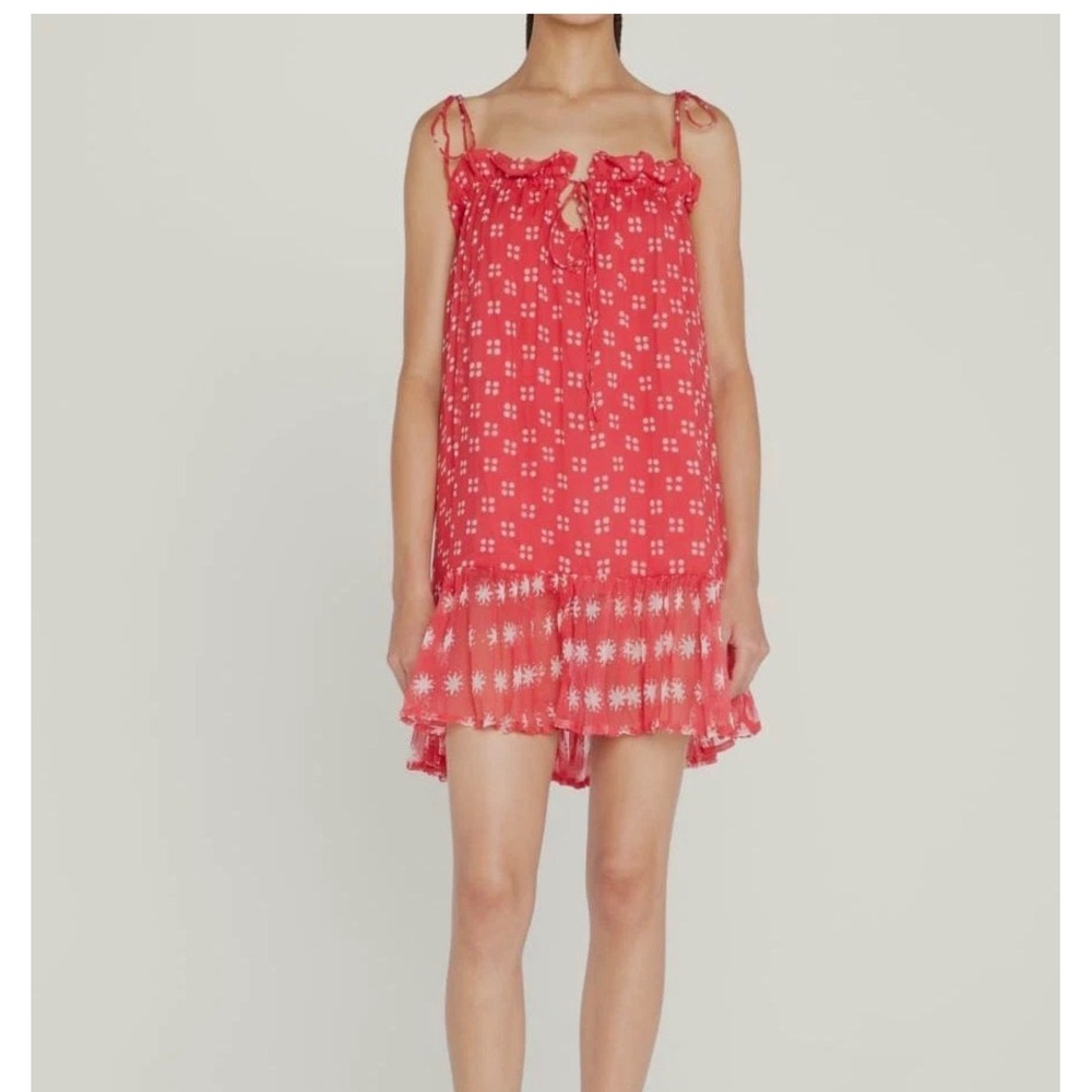 $395 Cloe Cassandro Red Silk Printed Mini Dress Tie Strap Ruffle Hem Womens S